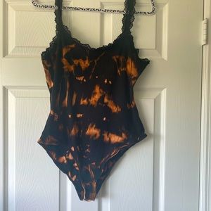 Womens bodysuit-black bleached with lace straps